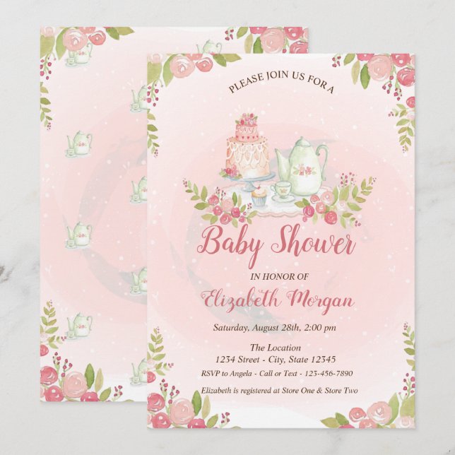 Classy Teapot Floral Baby Shower Invitation (Front/Back)