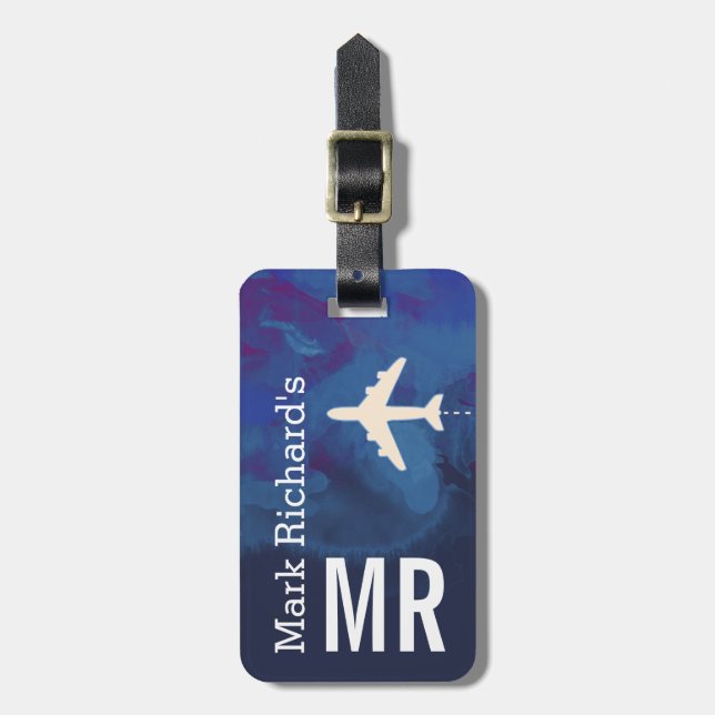 classy traveller name & initials stylish blue luggage tag (Front Vertical)