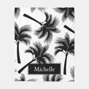 Classy Tropical Black Palm Trees & Name Fleece Blanket