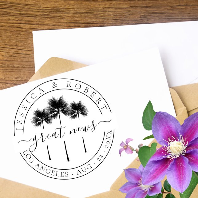 Classy Tropical Palm Trees Great News Wedding Rubber Stamp (Creator Uploaded)