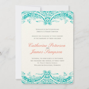 Classy Turquoise and Coral Wedding Invitations