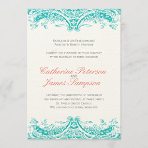Classy Turquoise and Coral Wedding Invitations