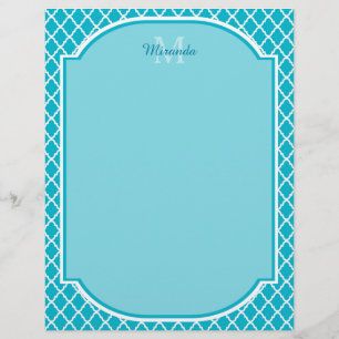 Classy Turquoise Blue Quatrefoil Monogram and Name