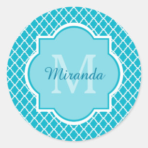 Classy Turquoise Blue Quatrefoil Monogram and Name Classic Round Sticker