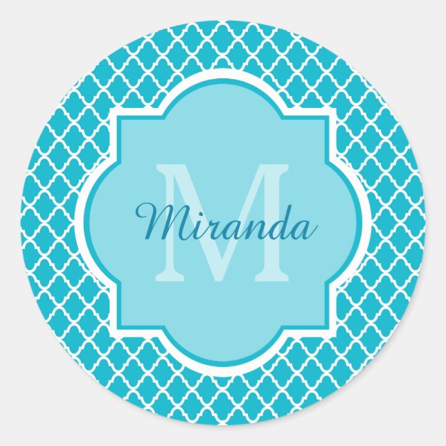 Classy Turquoise Blue Quatrefoil Monogram and Name Classic Round Sticker (Front)