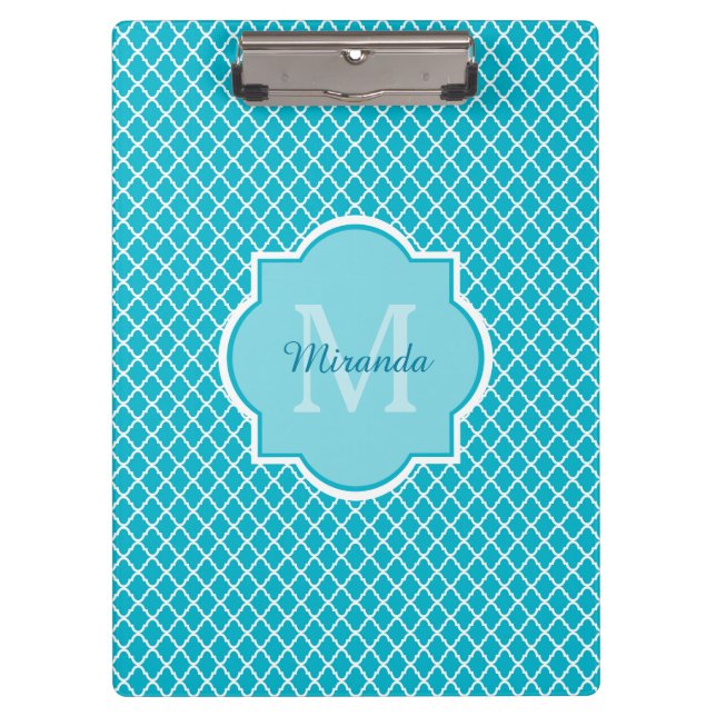 Classy Turquoise Blue Quatrefoil Monogram and Name Clipboard (Front)