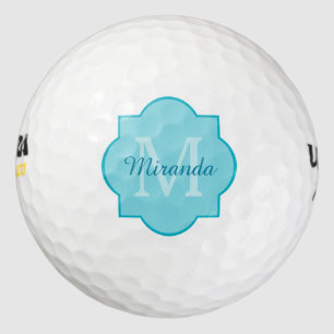 Classy Turquoise Blue Quatrefoil Monogram and Name Golf Balls