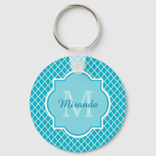 Classy Turquoise Blue Quatrefoil Monogram and Name Key Ring