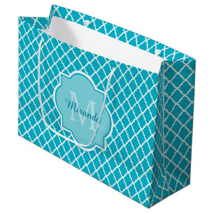 Classy Turquoise Blue Quatrefoil Monogram and Name Large Gift Bag