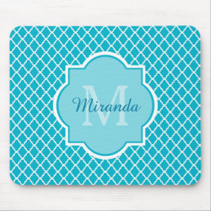 Classy Turquoise Blue Quatrefoil Monogram and Name Mouse Mat