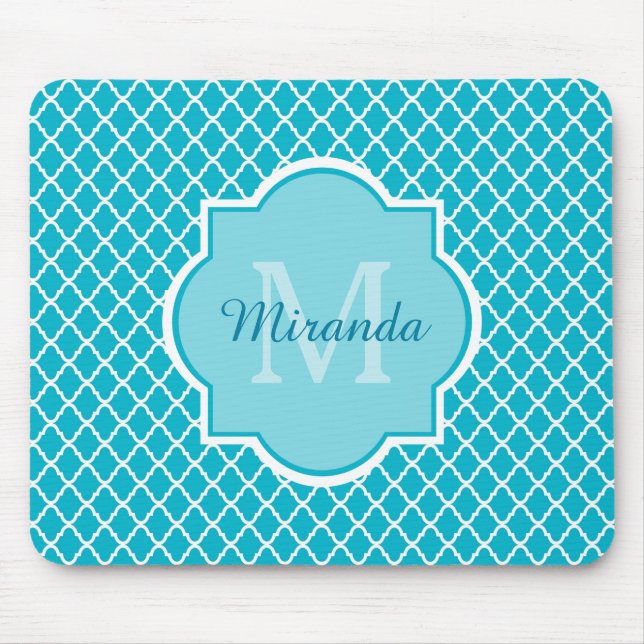 Classy Turquoise Blue Quatrefoil Monogram and Name Mouse Mat (Front)