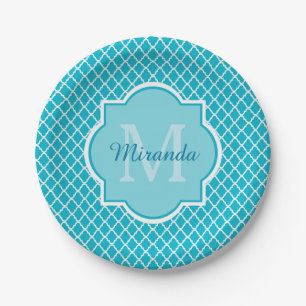 Classy Turquoise Blue Quatrefoil Monogram and Name Paper Plate