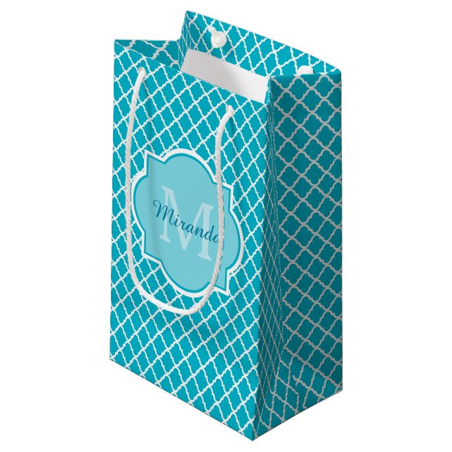 Classy Turquoise Blue Quatrefoil Monogram and Name Small Gift Bag (Front Angled)