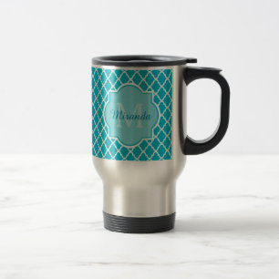 Classy Turquoise Blue Quatrefoil Monogram and Name Travel Mug