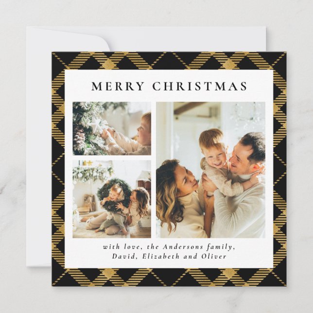 Classy Typography Black Gold Plaid Photo Christmas Holiday Card (Front)