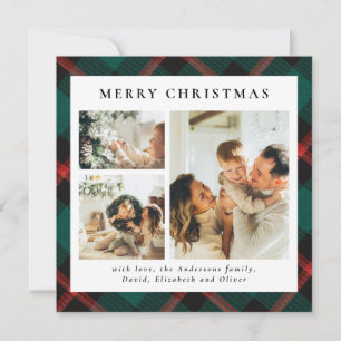 Classy Typography Green Plaid Photo Christmas Holiday Card