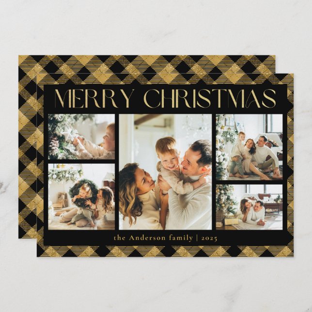 Classy Typography Photo Collage Black Christmas Holiday Card (Front/Back)
