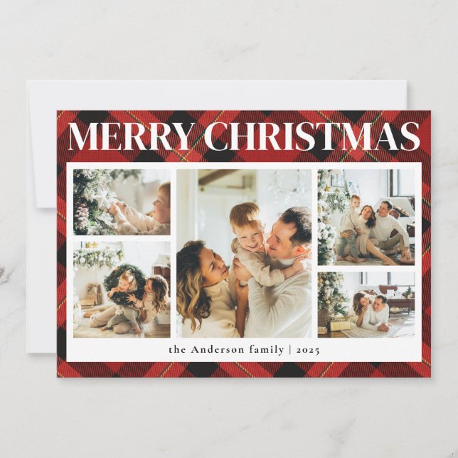 Classy Typography Photo Collage Red Christmas Holiday Card (Front)