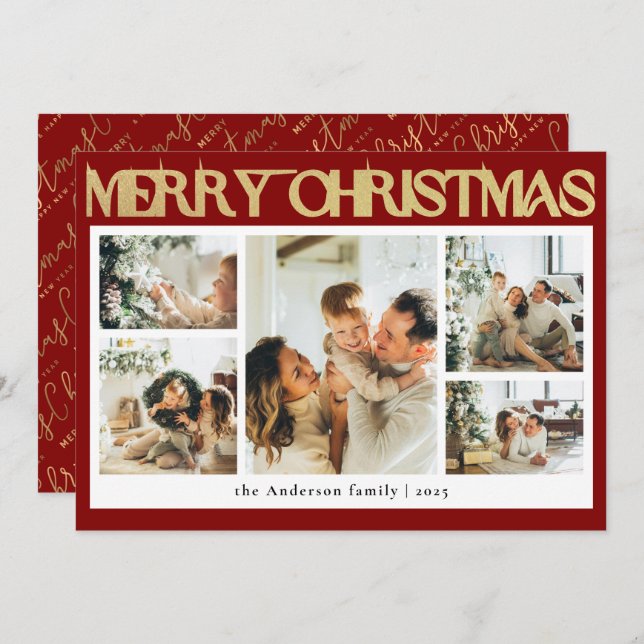 Classy Typography Photo Collage Red Christmas Holiday Card (Front/Back)