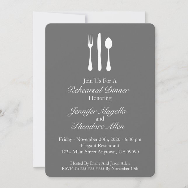 Classy Utensils Rehearsal Dinner (Dark Grey) Invitation (Front)