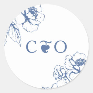Classy Vintage Blue Floral Garden Initials Wedding Classic Round Sticker