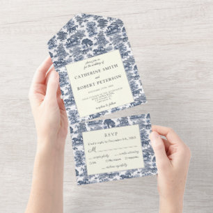 Classy Vintage Chic Elegant Blue Horse Toile All In One Invitation
