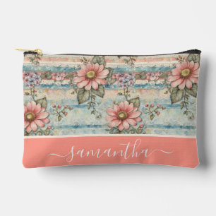 Classy Vintage Floral Pattern Peach Custom Name Accessory Pouch