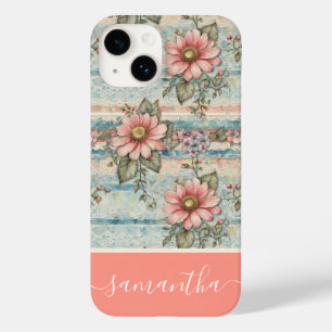 Classy Vintage Floral Pattern Peach Custom Name Case-Mate iPhone 14 Case