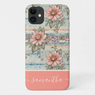 Classy Vintage Floral Pattern Peach Custom Name iPhone 11 Case