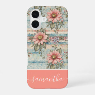 Classy Vintage Floral Pattern Peach Custom Name iPhone 16 Case