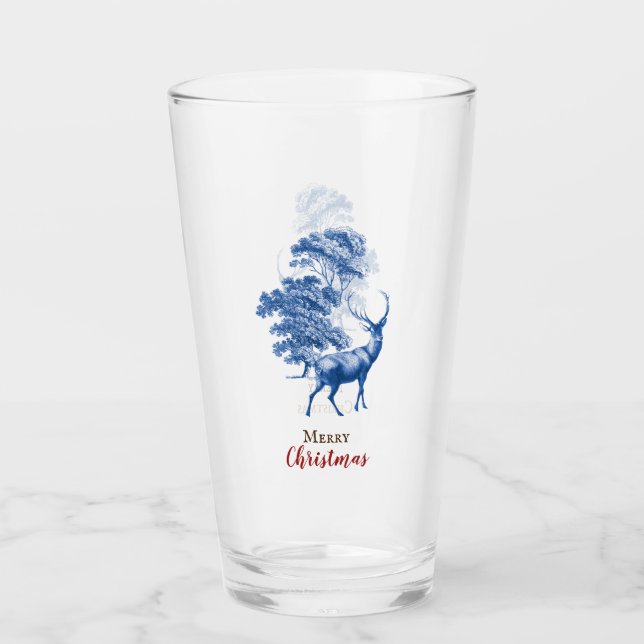 Classy Vintage Merry Christmas Blue Toile Deer  Glass (Front)
