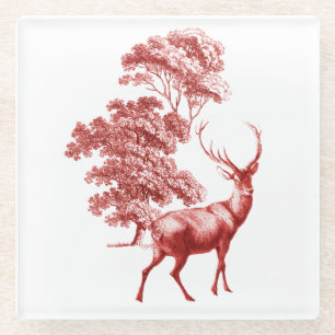 Classy Vintage Red Toile Deer in Forest Glass Coaster