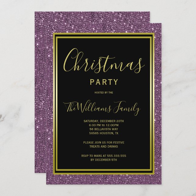 Classy Violet Glitter, Gold Framed Christmas Party Invitation (Front/Back)