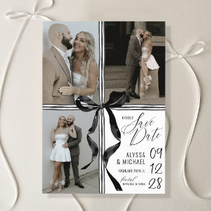 Classy Watercolor Black Bow 3 Multi-Photo Wedding Save The Date