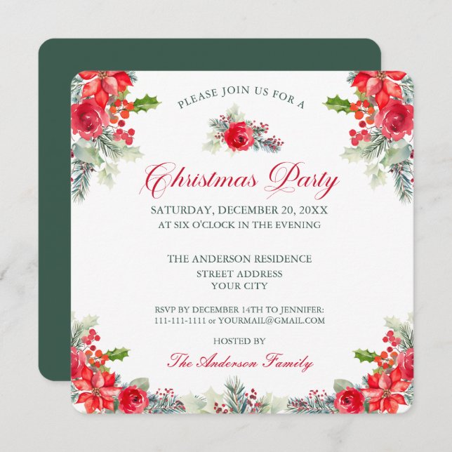 Classy Watercolor Floral Christmas Party  Invitation (Front/Back)