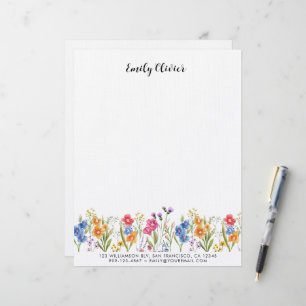 Classy Watercolor Floral Custom Name Address Letterhead