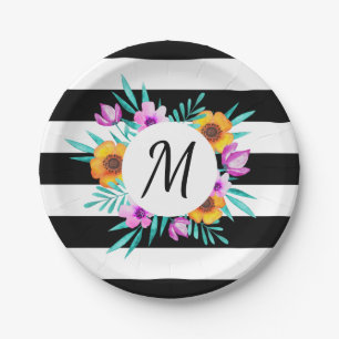 Classy Watercolor Floral Personalised Monogram Paper Plate