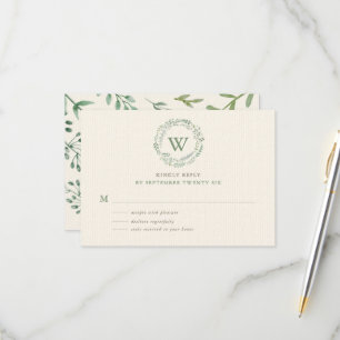 Classy Watercolor Greenery Wreath Monogram RSVP Card