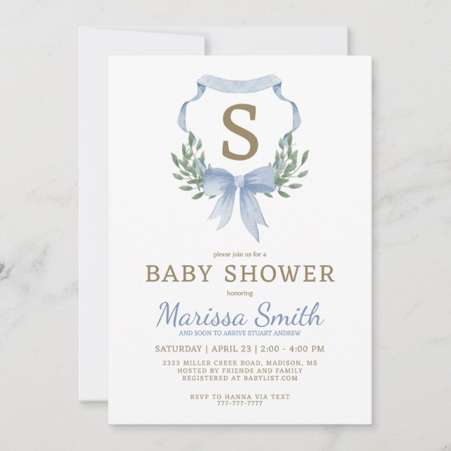 Classy Watercolor Monogram Boy Baby Shower  Invitation (Front)
