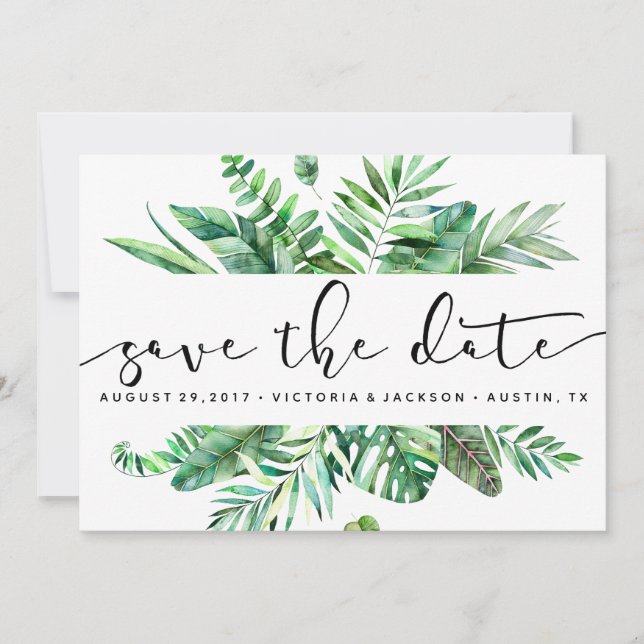 Classy Watercolor tropical leaf save the date (Front)