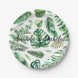 Classy Watercolor tropical leaves green Wedding Paper Plate