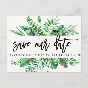 Classy Watercolor tropical leaves save our date v2 Announcement Postcard