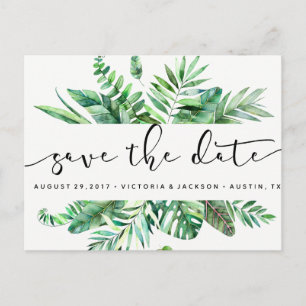 Classy Watercolor tropical leaves save the date Announcement Postcard