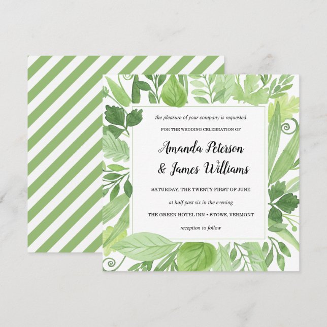 Classy Watercolor wild meadow green Wedding Invitation (Front/Back)