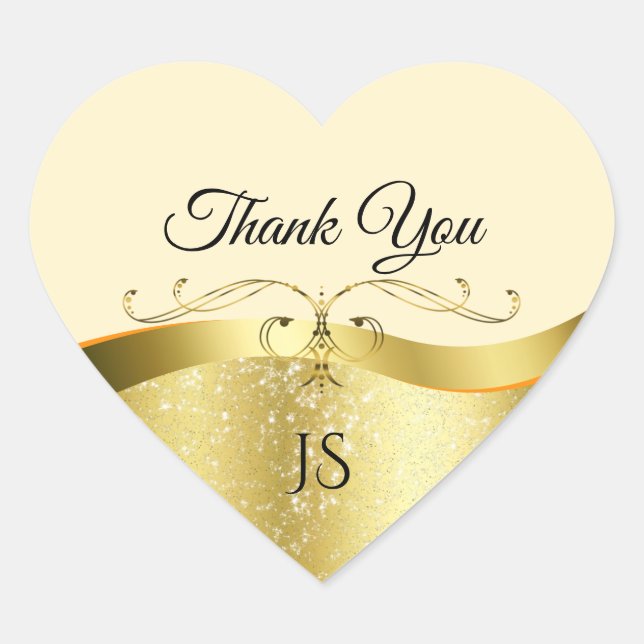 Classy Wavy Gold Decor on Light Peach Thank You Heart Sticker (Front)