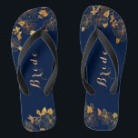 Classy Wedding Bride Deep Gold Foliage Navy Blue Flip Flops<br><div class="desc">These classy wedding bride gold foliage navy blue flip flops have a dark blue background that is adorned with an intricate gold floral greenery pattern and customisable modern typography. The combination of the rich navy and the shimmering gold create an elegant and luxurious aesthetic. View the collection on this page...</div>