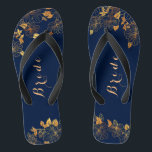 Classy Wedding Bride Deep Gold Foliage Navy Blue Flip Flops<br><div class="desc">These classy wedding bride gold foliage navy blue flip flops have a dark blue background that is adorned with an intricate gold floral greenery pattern and customisable modern typography. The combination of the rich navy and the shimmering gold create an elegant and luxurious aesthetic. View the collection on this page...</div>
