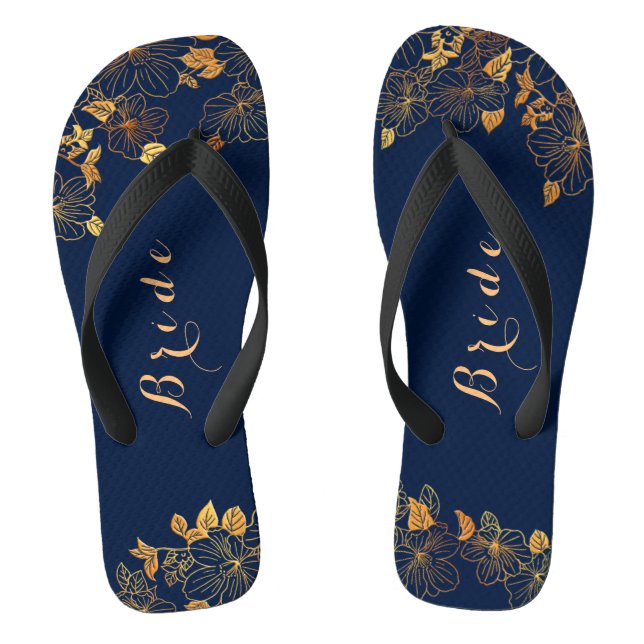 Classy Wedding Bride Deep Gold Foliage Navy Blue Flip Flops (Footbed)