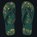 Classy Wedding Bride Emerald Green & Gold Foliage Flip Flops<br><div class="desc">These classy wedding Bride emerald green and gold foliage flip flops feature golden foliage pattern and modern typography on timeless dark green background. View the collection on this page to find matching items. ♥Customise it with your information. ♥ If you want to change the font style, colour or text placement,...</div>