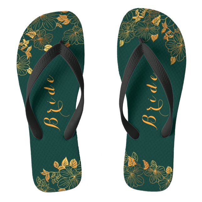 Classy Wedding Bride Emerald Green & Gold Foliage Flip Flops (Footbed)